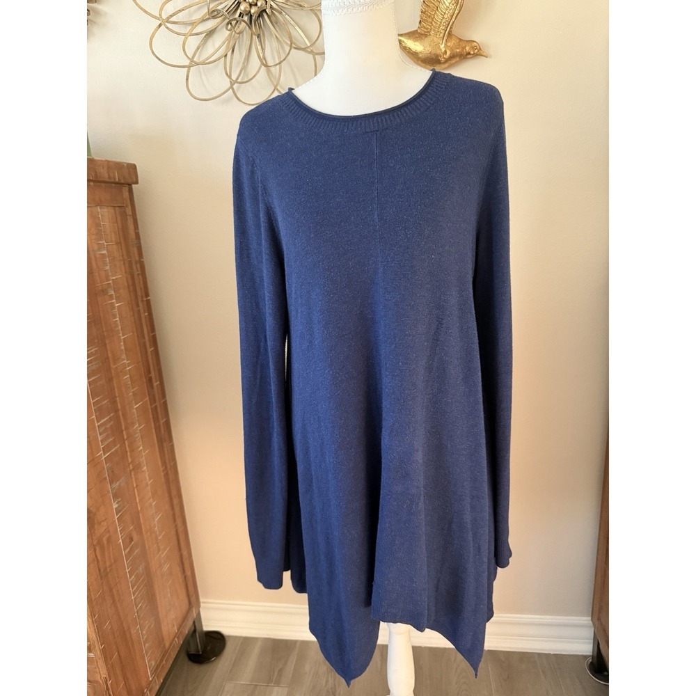 Eileen Fisher M Blue‎ Knit Tunic Sweater Asymmetrical Hem Long Sleeve Top